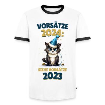 Silvester Vorsätze 2024 Katze Siehe 2023 Lustig - Männer Kontrast-T-Shirt - Weiß/Schwarz - Vorne - AI Model Female 172 light (172cm) & AI Model Male 178 dark (178cm)