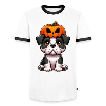 Halloween citrouille chien bouledogue drôle casque d’automne - T-shirt contrasté Homme - blanc/noir - Devant - AI Model Female 172 light (172cm) & AI Model Male 178 dark (178cm)