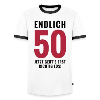 Endlich 50 - Geburtstag - Männer Kontrast-T-Shirt - Weiß/Schwarz - Vorne - AI Model Female 172 light (172cm) & AI Model Male 178 dark (178cm)