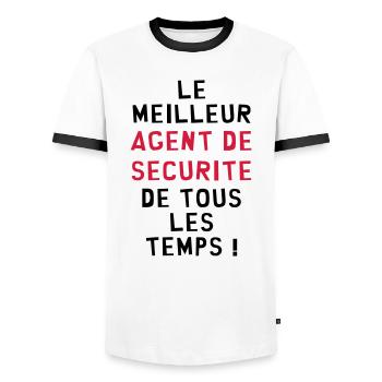 Agent de Sécurité / Surveillance / Vigile / Chien - T-shirt contrasté Homme - blanc/noir - Devant - AI Model Female 172 light (172cm) & AI Model Male 178 dark (178cm)