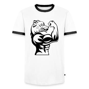 strong dog 001 - Men's Ringer Shirt - white/black - Front - AI Model Female 172 light (172cm) & AI Model Male 178 dark (178cm)