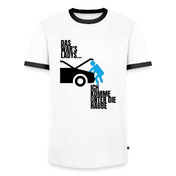 Ich komme unter die Haube Junggesellenabschied - Männer Kontrast-T-Shirt - Weiß/Schwarz - Vorne - AI Model Female 172 light (172cm) & AI Model Male 178 dark (178cm)
