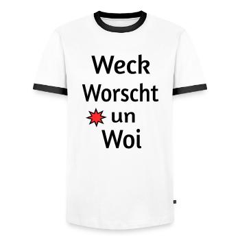 Weck Worscht un Woi - Männer Kontrast-T-Shirt - Weiß/Schwarz - Vorne - AI Model Female 172 light (172cm) & AI Model Male 178 dark (178cm)