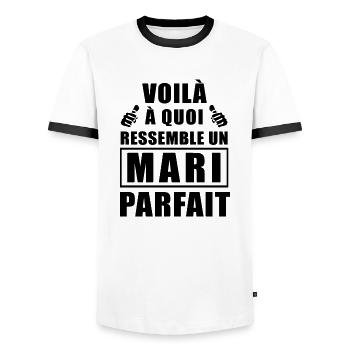 mari parfait / humour époux - T-shirt contrasté Homme - blanc/noir - Devant - AI Model Female 172 light (172cm) & AI Model Male 178 dark (178cm)