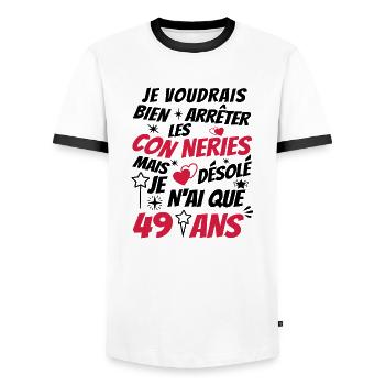 connerie 49 ans / cadeau anniversaire 49 ans - T-shirt contrasté Homme - blanc/noir - Devant - AI Model Female 172 light (172cm) & AI Model Male 178 dark (178cm)