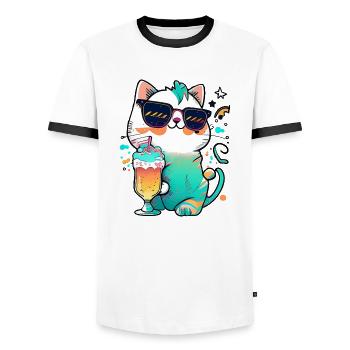 The coolest cat on the beach - Men's Ringer Shirt - white/black - Front - AI Model Female 172 light (172cm) & AI Model Male 178 dark (178cm)