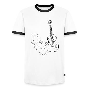 Black silhouette of a guitarist. Electric guitar. - Men's Ringer Shirt - white/black - Front - AI Model Female 172 light (172cm) & AI Model Male 178 dark (178cm)