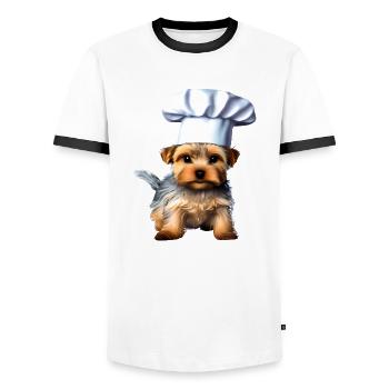 Restaurateur, Chiot chien, Chien cuisinier, Yorkshire Terrier - T-shirt contrasté Homme - blanc/noir - Devant - AI Model Female 172 light (172cm) & AI Model Male 178 dark (178cm)