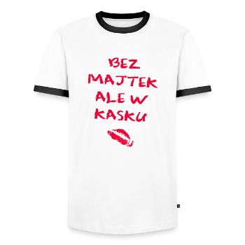SANS CULOTTE MAIS DANS UN CASQUE DE FILLE modèle 2 - T-shirt contrasté Homme - blanc/noir - Devant - AI Model Female 172 light (172cm) & AI Model Male 178 dark (178cm)