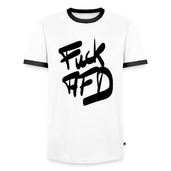 FCK AFD - Men's Ringer Shirt - white/black - Front - AI Model Female 172 light (172cm) & AI Model Male 178 dark (178cm)