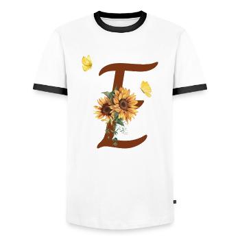 Buchstabe e Sonnenblume Schmetterling - Männer Kontrast-T-Shirt - Weiß/Schwarz - Vorne - AI Model Female 172 light (172cm) & AI Model Male 178 dark (178cm)