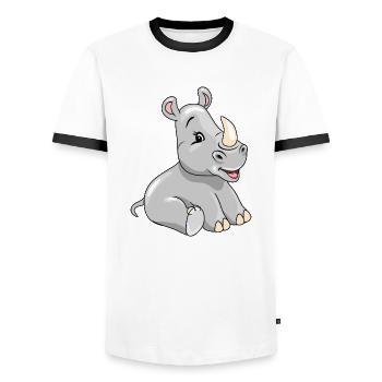 Karikatur sitzend lächelndes Baby-Nashorn - Männer Kontrast-T-Shirt - Weiß/Schwarz - Vorne - AI Model Female 172 light (172cm) & AI Model Male 178 dark (178cm)