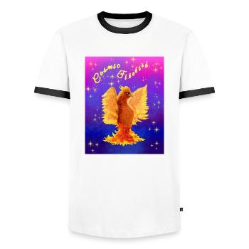 Ein orangefarbener kosmischer Cyber-Vogel - Männer Kontrast-T-Shirt - Weiß/Schwarz - Vorne - AI Model Female 172 light (172cm) & AI Model Male 178 dark (178cm)