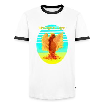 Glowing Orange Cyber Bird: Bird of Happines - Men's Ringer Shirt - white/black - Front - AI Model Female 172 light (172cm) & AI Model Male 178 dark (178cm)