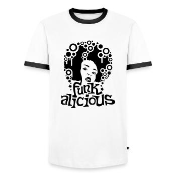 girl_funkalicious02 - Men's Ringer Shirt - white/black - Front - AI Model Female 172 light (172cm) & AI Model Male 178 dark (178cm)