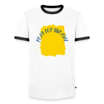 Pray for Ukraine Peace Stop War - Men's Ringer Shirt - white/black - Front - AI Model Female 172 light (172cm) & AI Model Male 178 dark (178cm)