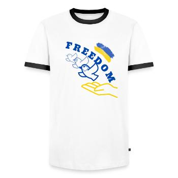 Ukraine Peace Flag Dove russia War Peace - Men's Ringer Shirt - white/black - Front - AI Model Female 172 light (172cm) & AI Model Male 178 dark (178cm)
