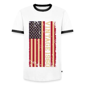 Vintage, années 1960, Drapeau américain - T-shirt contrasté Homme - blanc/noir - Devant - AI Model Female 172 light (172cm) & AI Model Male 178 dark (178cm)