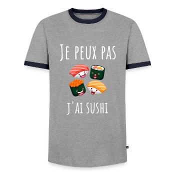 Je peux pas j'ai sushi. - T-shirt contrasté Homme - gris/marine  - Devant - AI Model Female 172 light (172cm) & AI Model Male 178 light (178cm)