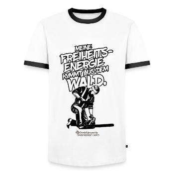 Holzfäller Spruch Freiheitsenergie - Männer Kontrast-T-Shirt - Weiß/Schwarz - Vorne - AI Model Female 172 light (172cm) & AI Model Male 178 dark (178cm)