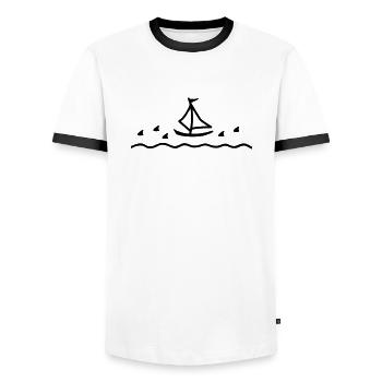 Requins et voilier - T-shirt contrasté Homme - blanc/noir - Devant - AI Model Female 172 light (172cm) & AI Model Male 178 dark (178cm)