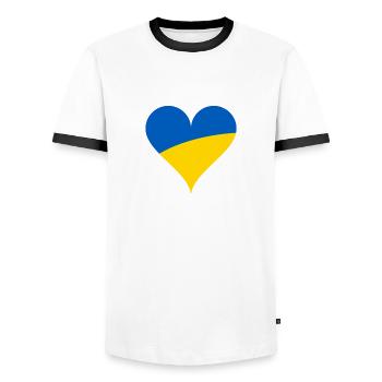 UKRAINE PRIDE HEART T-SHIRT - Men's Ringer Shirt - white/black - Front - AI Model Female 172 light (172cm) & AI Model Male 178 dark (178cm)