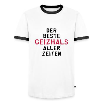 Geizhals - Geizkrägin - Geiz - Geizig - Geld - Männer Kontrast-T-Shirt - Weiß/Schwarz - Vorne - AI Model Female 172 light (172cm) & AI Model Male 178 dark (178cm)