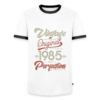 1985 Vintage Birthday Born 1985 - Men's Ringer Shirt - white/black - Front - AI Model Female 172 light (172cm) & AI Model Male 178 dark (178cm)