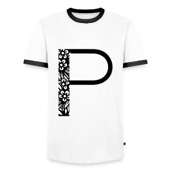 Buchstabe P - Männer Kontrast-T-Shirt - Weiß/Schwarz - Vorne - AI Model Female 172 light (172cm) & AI Model Male 178 dark (178cm)