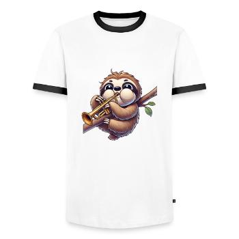 Sloth playing trumpet funny cartoon musician - Men's Ringer Shirt - white/black - Front - AI Model Female 172 light (172cm) & AI Model Male 178 dark (178cm)