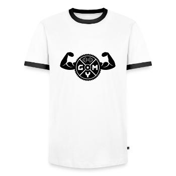 Gym Abzeichen 02 - Männer Kontrast-T-Shirt - Weiß/Schwarz - Vorne - AI Model Female 172 light (172cm) & AI Model Male 178 dark (178cm)