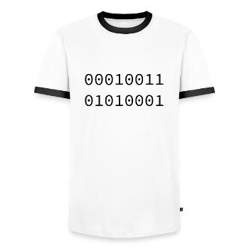 1981 Binär - Männer Kontrast-T-Shirt - Weiß/Schwarz - Vorne - AI Model Female 172 light (172cm) & AI Model Male 178 dark (178cm)