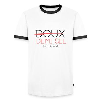 doux demi sel breton - T-shirt contrasté Homme - blanc/noir - Devant - AI Model Female 172 light (172cm) & AI Model Male 178 dark (178cm)
