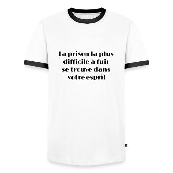 La prison la plus difficile à fuir se trouve... - T-shirt contrasté Homme - blanc/noir - Devant - AI Model Female 172 light (172cm) & AI Model Male 178 dark (178cm)