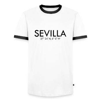 Sevilla - Spain - Coordinates Latitude Longitude - Men's Ringer Shirt - white/black - Front - AI Model Female 172 light (172cm) & AI Model Male 178 dark (178cm)