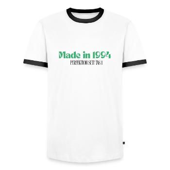 Made in 1994 - Perfection since day 1 - Men's Ringer Shirt - white/black - Front - AI Model Female 172 light (172cm) & AI Model Male 178 dark (178cm)