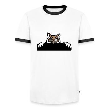Eule versteckt sich hinter Mauer Zaun Wand Schild - Männer Kontrast-T-Shirt - Weiß/Schwarz - Vorne - AI Model Female 172 light (172cm) & AI Model Male 178 dark (178cm)