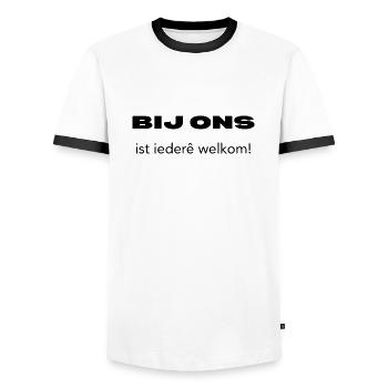 Tout le monde est le bienvenu ici – Dialecte anversois - T-shirt contrasté Homme - blanc/noir - Devant - AI Model Female 172 light (172cm) & AI Model Male 178 dark (178cm)