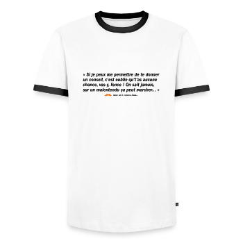 Sur un malentendu... (b) - T-shirt contrasté Homme - blanc/noir - Devant - AI Model Female 172 light (172cm) & AI Model Male 178 dark (178cm)