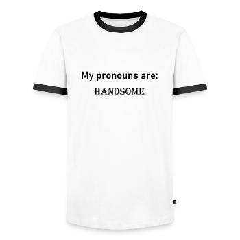 My pronouns are: HANDSOME - Men's Ringer Shirt - white/black - Front - AI Model Female 172 light (172cm) & AI Model Male 178 dark (178cm)