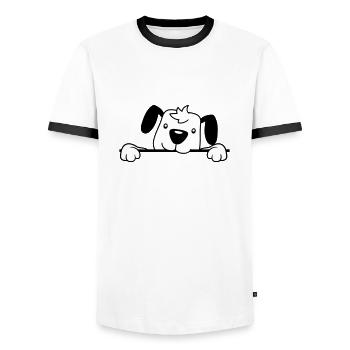 Dog Behind Wall Fence Sign Peeping Happy Cute - Men's Ringer Shirt - white/black - Front - AI Model Female 172 light (172cm) & AI Model Male 178 dark (178cm)