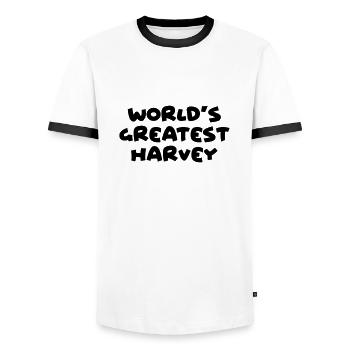 worlds greatest harvey name - Men's Ringer Shirt - white/black - Front - AI Model Female 172 light (172cm) & AI Model Male 178 dark (178cm)