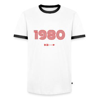 Born in 1980 - Men's Ringer Shirt - white/black - Front - AI Model Female 172 light (172cm) & AI Model Male 178 dark (178cm)