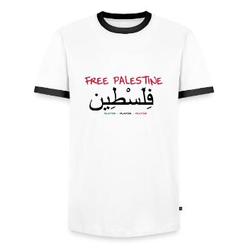 Free Palestine ! - Men's Ringer Shirt - white/black - Front - AI Model Female 172 light (172cm) & AI Model Male 178 dark (178cm)