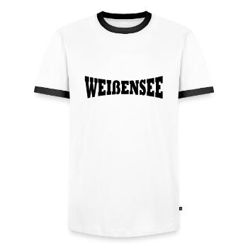 Weissensee lettering - Men's Ringer Shirt - white/black - Front - AI Model Female 172 light (172cm) & AI Model Male 178 dark (178cm)