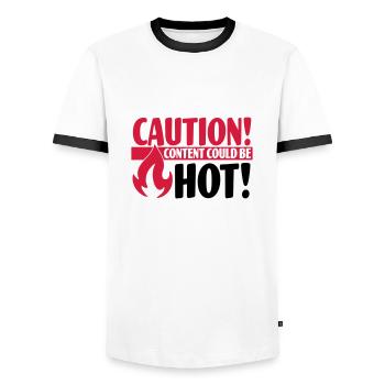 Caution - Content could be hot - Men's Ringer Shirt - white/black - Front - AI Model Female 172 light (172cm) & AI Model Male 178 dark (178cm)