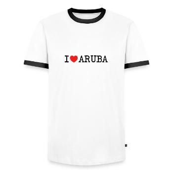 J'adore j'adore les vacances sur l'île d'Aruba aux Caraïbes, dans la mer du Sud - T-shirt contrasté Homme - blanc/noir - Devant - AI Model Female 172 light (172cm) & AI Model Male 178 dark (178cm)