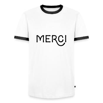 Merci! – Thank you in French - Men's Ringer Shirt - white/black - Front - AI Model Female 172 light (172cm) & AI Model Male 178 dark (178cm)
