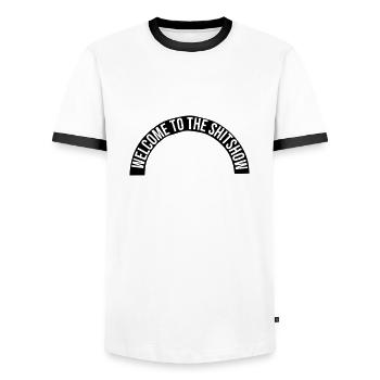 Semicircle Shitshow lettering - Men's Ringer Shirt - white/black - Front - AI Model Female 172 light (172cm) & AI Model Male 178 dark (178cm)