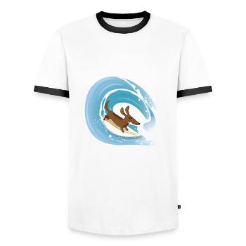 Der Welpe liebt das Surfen - Männer Kontrast-T-Shirt - Weiß/Schwarz - Vorne - AI Model Female 172 light (172cm) & AI Model Male 178 dark (178cm)